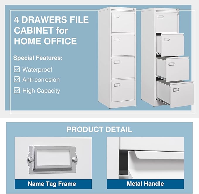 4-Drawer File Cabinet, 16.3" Deep Vertical Filing Cabinet with Lock, Metal File Cabinet for Home Office, Anti-Tip 4 Storage Drawers for Letter/Legal/A4/F4 Size (Assemble Required, White)
