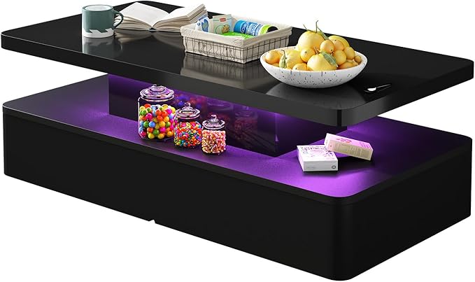 MXV Modern Coffee Table, 47 Inches Coffee Tables with 16 Colors LED Lights, 2 Tier Rectangular Center Table, Large Storage Space, High Glossy Wooden Tea Table for Living Room, Bedroom, Office, Black