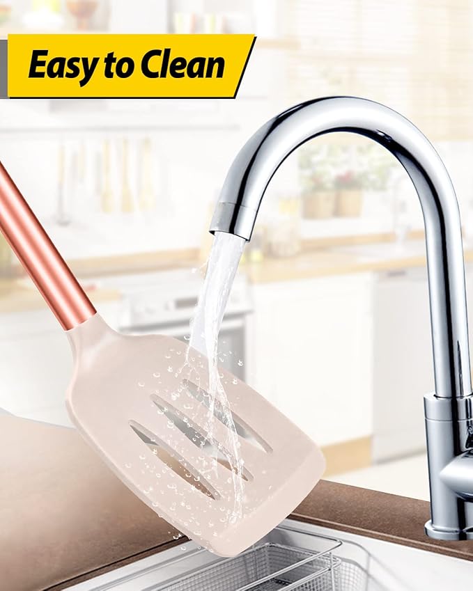 Pack of 2 Silicone Solid Turner, Non Stick Slotted Kitchen Spatulas, High Heat Resistant BPA Free Cooking Utensils, Ideal Cookware for Fish, Eggs, Pancakes(Rose Gold Khaki)