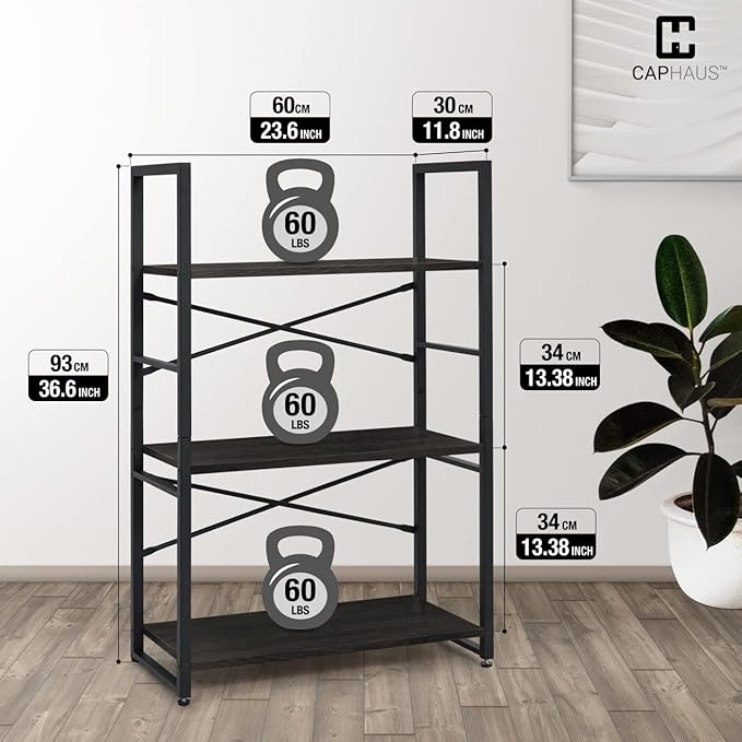 CAPHAUS 3 Tier Small Bookshelf, 24 Inch Width Free Standing Shelf, Bookcase Shelf Storage Organizer, Industrial Book Shelves for Home Office, Living Room, Black Shelves & Metal Frame