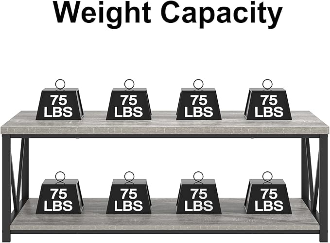 FOLUBAN Coffee Table, Modern Rectangle Living Room Table with Storage Shelf, Rustic Wood and Metal Center Table, Light Grey, 47 Inch