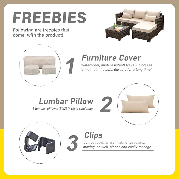 Wicker Patio Furniture Patio Couch 3 Pieces Outdoor Sectional with Ottoman and Outdoor Storage Table with Lining Weathering Anti-Slip Cushions Furniture Covers, Khaki