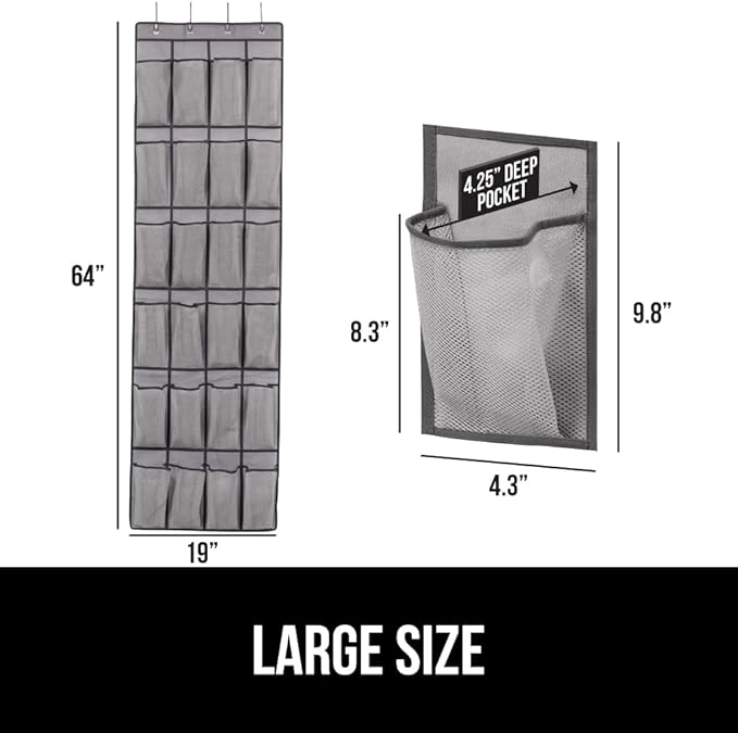 GORILLA GRIP Over the Door Shoe Organizer, 24 Large Breathable Mesh Pockets, Space Saving Hanging Storage Holder, Closet Rack Hanger Holds Up to 40 lbs, Hangs on Closets for Shoes, Accessories, Gray