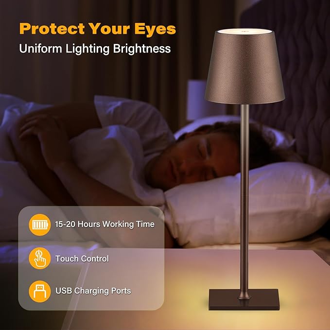 2 Pack Cordless Table Lamps, 3 Colors Stepless Dimming, 5000mAh Rechargeable Battery LED Desk Lamp for Bedroom/Couple Dinner/Desk/Cafe/Dining Room/Terrace