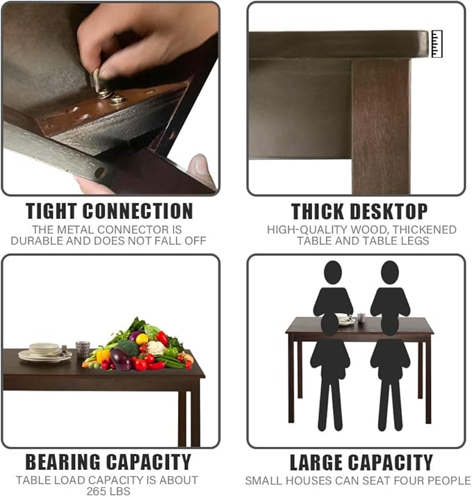 Dining Table for 4 People Kitchen Table with Wood Legs Dinner Table for Apartment Living Room Dining Room Office Kitchen Home Furniture Rectangular Modern, Brown