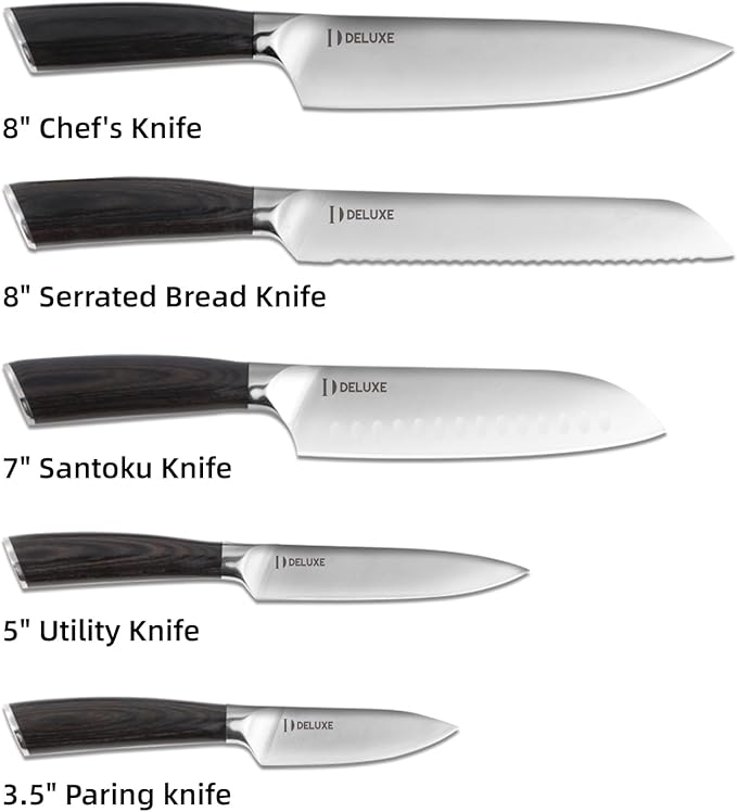 DELUXE 6 Pcs Kitchen Knife Sets, Powder Steel Forged Stainless Steel Knife Set with Block, Comes with Chef's, Santoku, Bread, Utility and Paring Knives, Ideal for All-Around Food Preparation