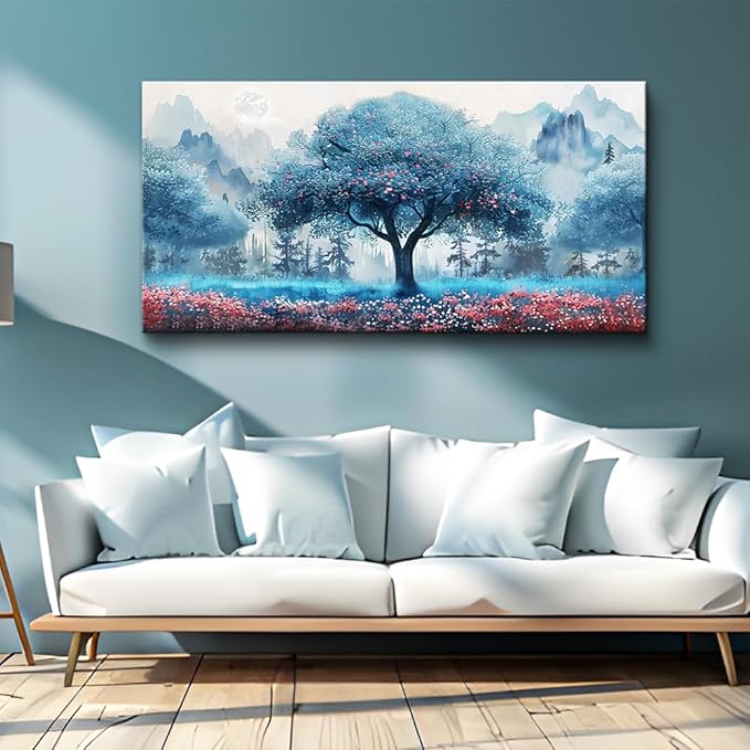 MHARTK66 Blue Tree Landscape Wall Paintings Large Wall Art For Bedroom Canvas Wall Decor For Living Room Office Decorations Farmhouse Pictures Artwork Ready To Hang Posters Home Decor 60"X30"
