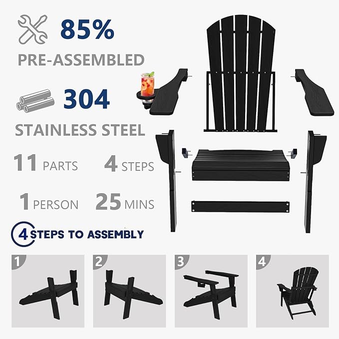 Plawdlik Folding Adirondack Chair, Cup Holder, SGS Tested, Wooden Textured，Heavy All-Weather HDPE Comfortable Set Poolside Backyard Lawn Black Set 2