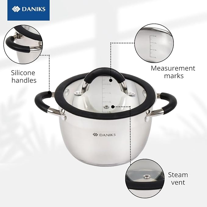 Daniks Orlando 6-Piece Stainless Steel Induction Cookware Set – Dishwasher Safe Pots with Heatproof Handles, Glass Lids, Measuring Scale, Silver