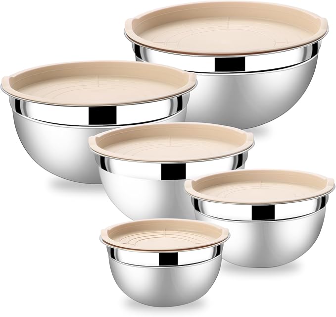 Lazycorner Mixing Bowls with Airtight Lids Set 5 Pcs Stainless Steel Bowls Set Baking Set Non-Slip Silicone Bottoms Great for Serving & Baking