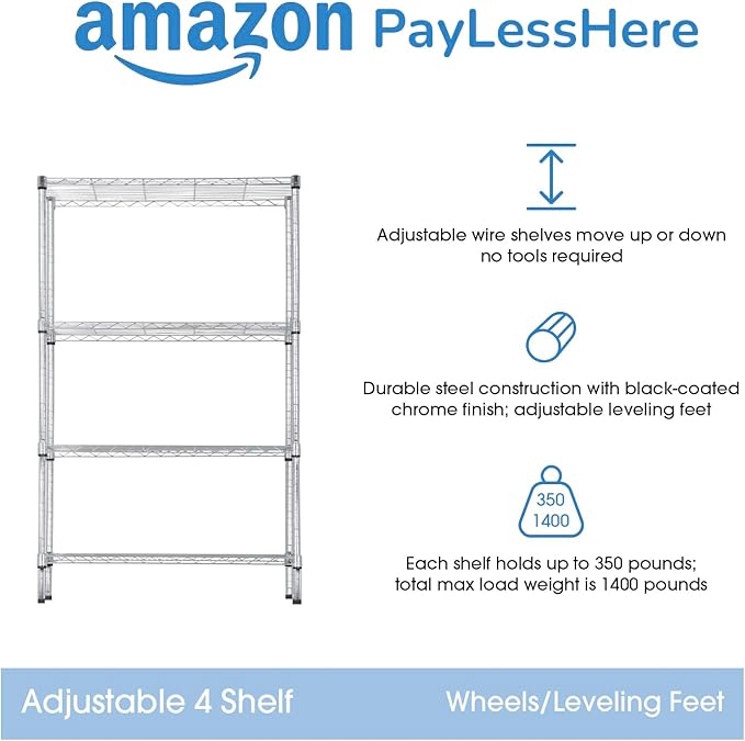 PayLessHere 4-Tier Adjustable Shelf Shelving Unit Shelves Shelf Heavy Duty Storage Steel Organizer Wire Rack (350 lbs Loading Capacity per Shelving) with Wheels Multi-Function Easy Assembly,Chrome