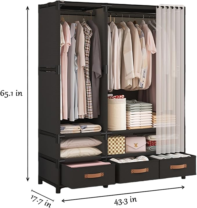 Portable Closet,Portable Closets for Hanging Clothes,Japanese Style Garment Rack Clothing Rack with 3 Drawers,1 Hanging Rods and 2 Storage Shelves,43.3" L x 17.7" W x 65.1" H,Black