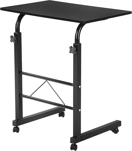 Goujxcy Sofa Side Table C Shaped End Table with Wheels, Black Rolling Bedside Laptop Table Snack Table TV Tray, Height Adjustable, Wooden Top & Metal Frame