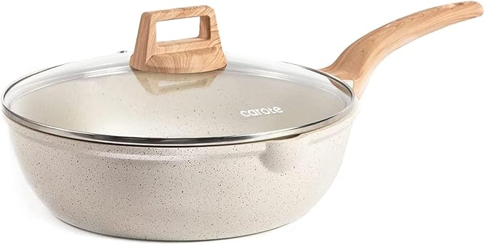 CAROTE 10Inch Nonstick Deep Frying Pan with Lid, 4.5Qt Jumbo Cooker Saute Pan with Pour Spout, Skillet Induction Cookware, Non Stick Cooking Pan Kitchen Pan PFOA Free, White Granite