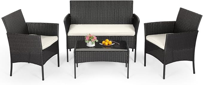 FDW | 4-Piece Patio Furniture Set | Black | Outdoor Wicker Furniture with Coffee Table | Modern Rattan Chairs Conversation Set | Outdoor Seating | Weather-Resistant | for Porch, Garden, Lawn