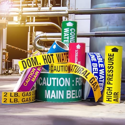 Industrial Pipe Marker Labels, Yellow with Black Text, Directional Arrows HI Pressure STEAM + Arrow