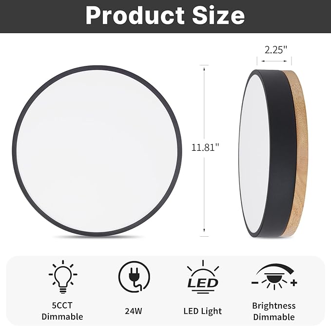 Led Flush Mount Ceiling Light: 11.8" Dimmable 5CCT Overhead Ceiling Lighting Fixture - Morden Black Round Close to Ceil Lights - Flat Wood Minimalist Light Fixtures for Living Room Laundry Bedroom