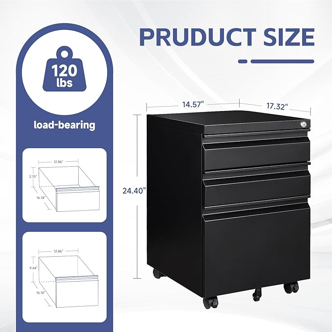 3 Drawer File Cabinet with Lock,Mobile Filing Cabinets,Metal Small Rolling File Cabinet,Drawers for Under Desk for Legal/Letter/A4 File, Assembly Required,Black