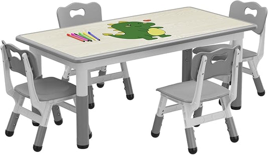 Kids Table and Chair Set, Height Adjustable Toddler Table and 4 Chairs Set for Ages 2-10, Graffiti Desktop, Non-Slip Legs, Arts & Crafts Table, Children Activity Table for Daycare Classroom Home