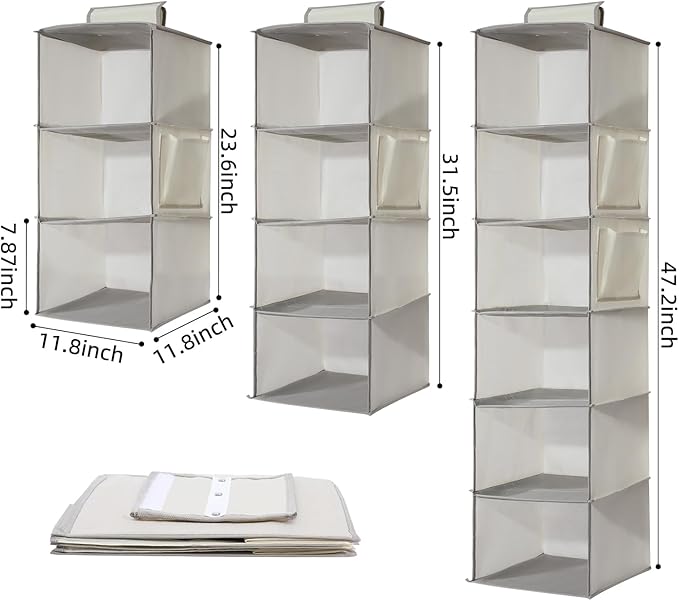 2 Packs Hanging Closet Organizer Storage, 6-Shelf Hanging Shelves for Closet, Closet Clothes Organizer and Storage with Side Pockets, Beige