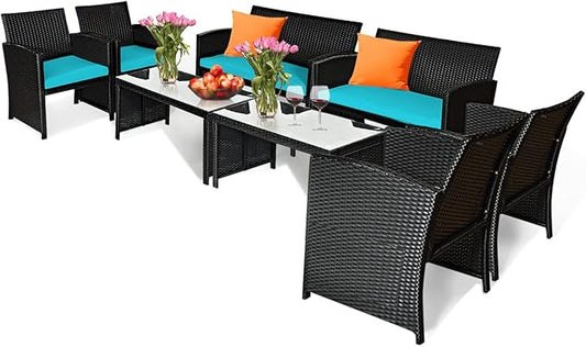 Tangkula 8 Pieces Patio Wicker Conversation Furniture Set, Patiojoy Sofa & Table Set w/4 Seats, Outdoor Rattan Sofa Set for Balcony Backyard, Wicker Chair Set with Tempered Glass Coffee Table