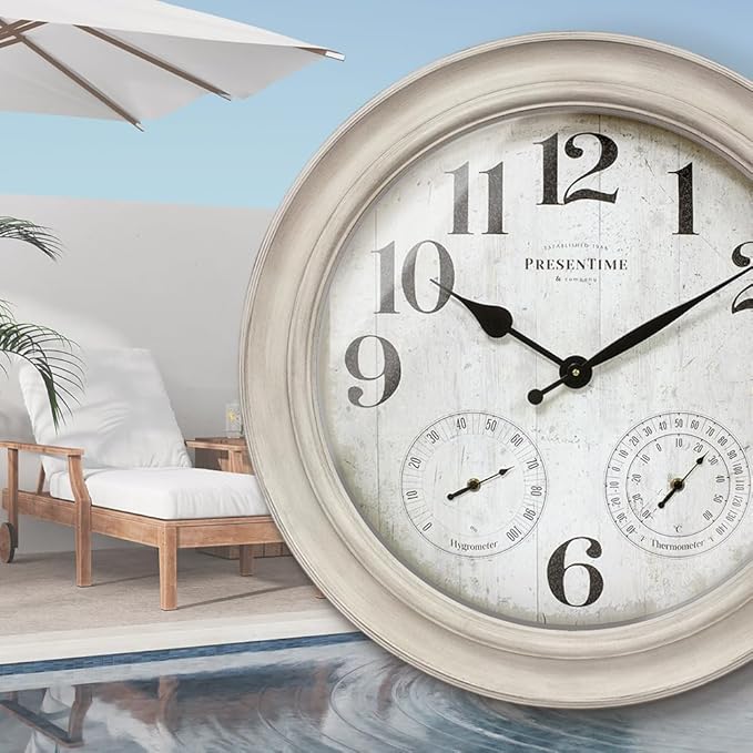 Presentime & Co. 26" Clifton in/Outdoor Farmhouse Clock with Thermometer & Hygrometer as All in One Weather Station, Farmhouse Wall Art and Timepiece for Home Decoration, Weathered White Finish