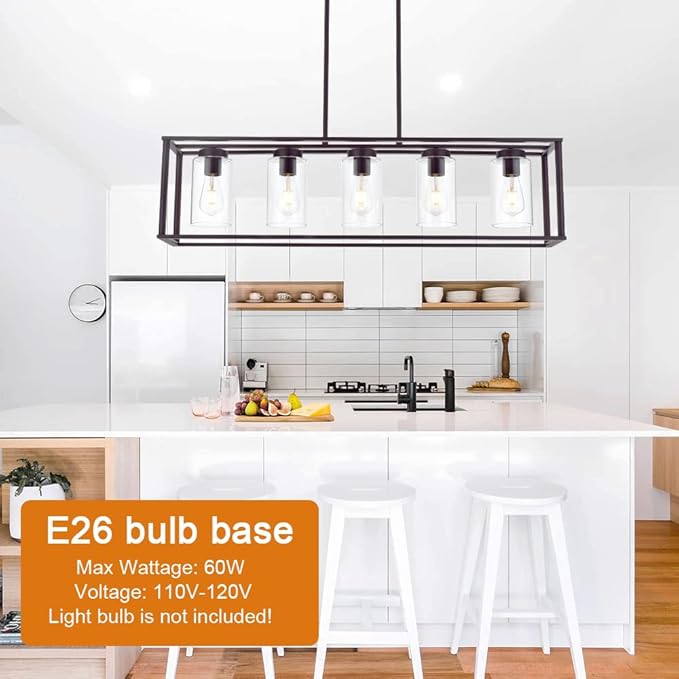VINLUZ 5-Light Kitchen Island Chandeliers Oil Rubbed Bronze Modern Linear Cage Pendant Lighting with Clear Glass Shades Farmhouse Ceiling Light Fixtures Hanging for Dining Room Living Room
