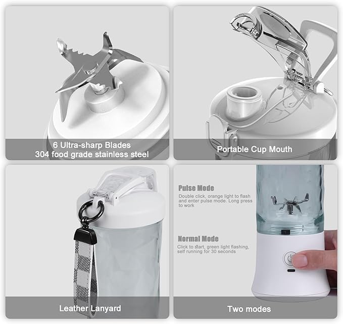 Portable Blender for Smoothies Shakes Juice, 20 Oz for Gym Home Office Travel, Personal Small Mini Glass Mixer, with 6 Blades 150W USB Rechargeable Electric Handheld Blender Cup Watter Bottle