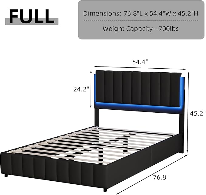 Full Size Bed Frame with LED Lights, Faux Leather Upholstered Platform Bed with Headboard and Wooden Slats Support, No Box Spring Needed, Noise-Free, Easy Assembly, Black