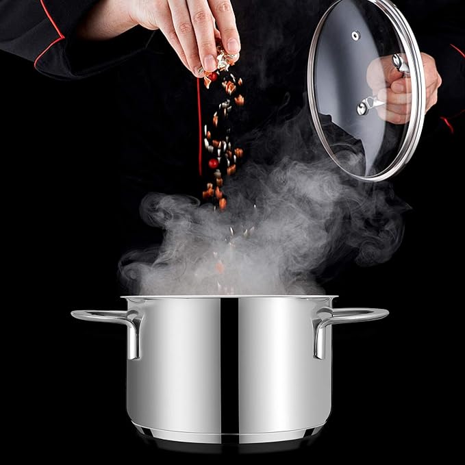 Tri-Ply Stainless Steel Sauce Pan with Steamer Basket & Straining Glass Lid — Heavy-Duty,Thick Base,Rust-Resistant,Warp-Free —100% Food-Grade —Built to Last– Works with All Stovetops, Pasta Pot 2.5 QT