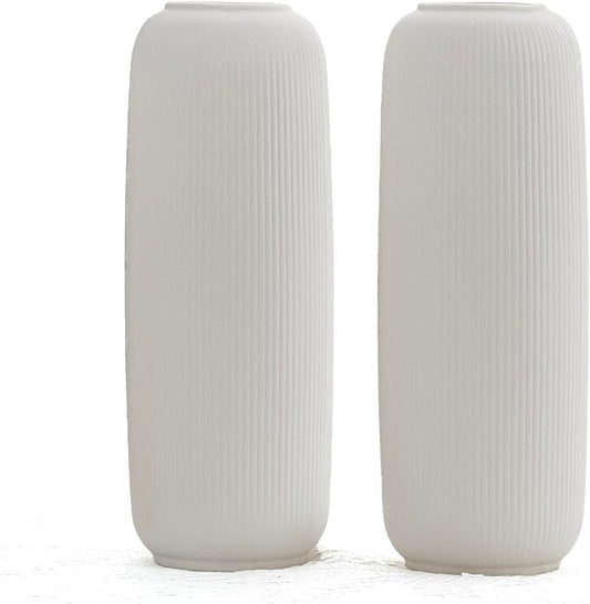 White Ceramic Vases for Flowers, 9.8 INCH Modern Small Ribbed Textured White Flower Vase for Home Decor, Pampas Grass, Decorative, Farmhouse, Coffee Table, Bookshelf and Home Living