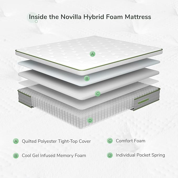 Novilla Queen Size Mattress, 10 Inch Hybrid Pillow Top Queen Mattress in a Box with Gel Memory Foam & Individually Wrapped Pocket Coils Innerspring for a Cozy & Peaceful Sleep