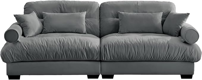 Ball & Cast 93.7" Oversized Modular Sectional Sofa 2-Seater Cloud Couch with Waist Pillows and Throw Pillows,Velvet Loveseat w/Bolstered Armrests,for Living Room,Home Theater,Apartment,Velvet,Grey
