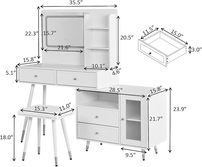 Merax 58" Large Vanity Desk with Mirror and Lights, Modern Black Makeup Vanity Set with Stool and Power Outlet, Retractable Dressing Table with Drawers and Side Cabinet for Bedroom, 3 Color Mode
