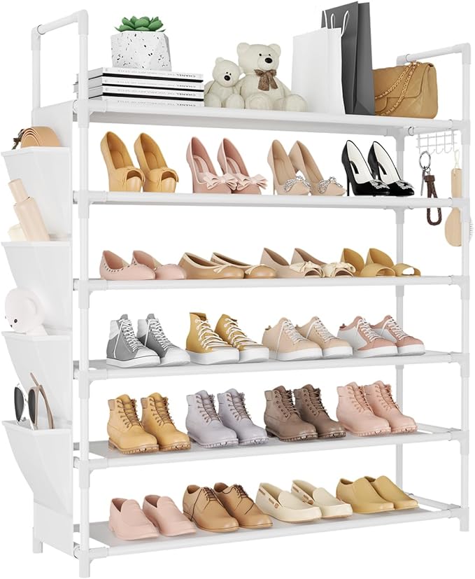 6 Tier Shoe Rack Storage for 24-30 Pairs Shoe and Boot, Shoe Organizer with Hook and Side Pocket Free Standing Long Shoe Shelf Tall Shoe Rack Organizer for Closet, Entryway, Dorm, White