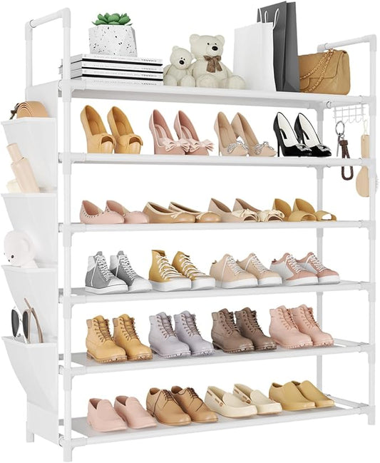 6 Tier Shoe Rack Storage for 24-30 Pairs Shoe and Boot, Shoe Organizer with Hook and Side Pocket Free Standing Long Shoe Shelf Tall Shoe Rack Organizer for Closet, Entryway, Dorm, White