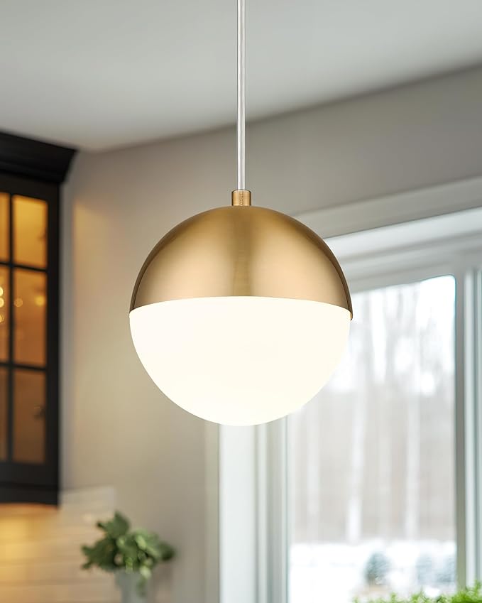 LMS Mid Century Pendant Lights, Brushed Gold Kitchen Island Light Fixtures with White Globe Glass Shade, Adjustable Hanging Cord, 3-Pack for Home Office Dining Room Bathroom, LMS-186PL-BGWS3PK