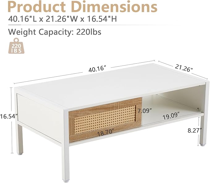 Rattan Coffee Table 40.16" Mid Century Modern Coffee Table with Storage Farmhouse Rectangle Wooden Accent Center Sofa Table with Rattan Sliding Door for Living Room (White)