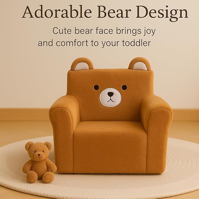 Cute Animal Toddler Foam Chair, Soft Faux Rabbit Fur, Removable Washable Cover, Kids Reading, Watching TV, or Relaxing, for Playroom, Bedroom, Living Room, 1-3 Years Old, Bear