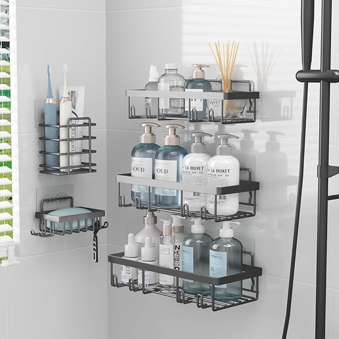 5 Pack Shower Caddy Organizer Rack Shelf for Inside Shower, Self Adhesive Bathroom Wall Storage Basket Rustproof Stainless Steel Large Capacity Shampoo Holder, Dark Grey