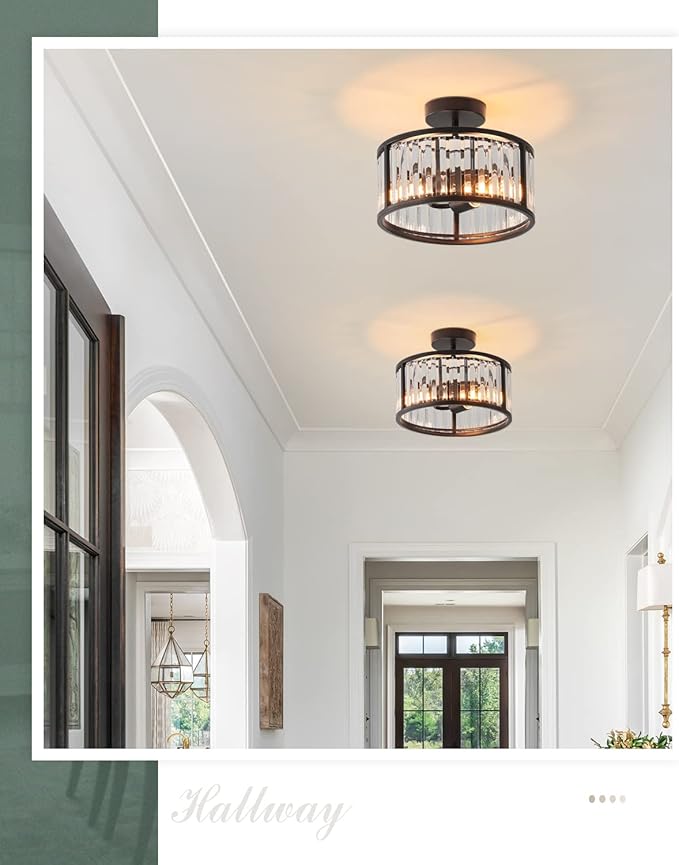 Black Flush Mount Ceiling Light, 2- Light Caged Crystal Chandelier , Small Drum Hallway Light Fixtures Ceiling Mount (Black)