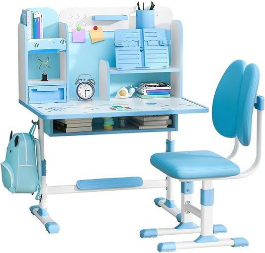 Kids Desk and Chair Set, Height Adjustable Kids Study Table and Chair Set, Children School Desk with Storage Drawer and Book Stand, Ergonomic Child Toddler Deskwith Sitting Posture Corrector (Blue 5)