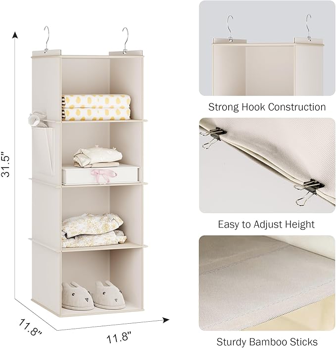 Hanging Closet Organizer, 4-Shelf Closet Hanging Storage Shelves, Beige