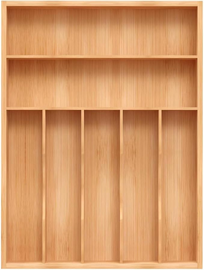 Bamboo Utensil Drawer Organizer, Silverware Tray Organizer, Kitchen Drawer Organizer for Flatware Cutlery, Silverware Tray for Drawer (brown, Large 16.5x12.3 Inch)