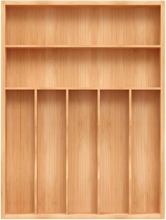 Bamboo Utensil Drawer Organizer, Silverware Tray Organizer, Kitchen Drawer Organizer for Flatware Cutlery, Silverware Tray for Drawer (brown, Large 16.5x12.3 Inch)