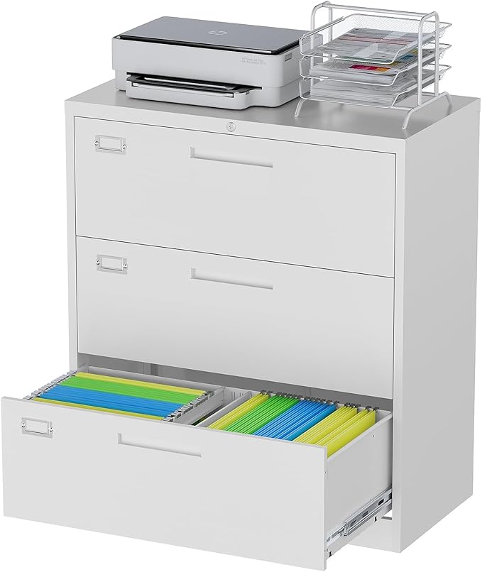 Lateral Filing Cabinet,3 Drawer File Cabinet with Lock,Office Lateral File Cabinets for Legal/Letter A4 Size,Require Assembly, White