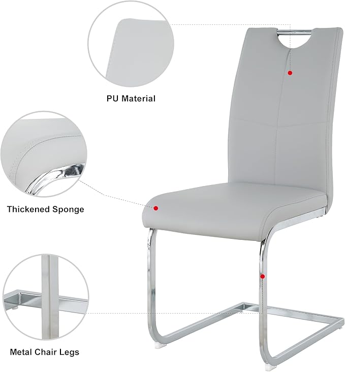 Goujxcy Modern Glass Dining Table Set for 6, Black Glass Kitchen Table and Chairs Set, 7 Piece Dining Room Table Set with 51" Rectangle Dinner Table and 6 Grey Leather Dining Chairs