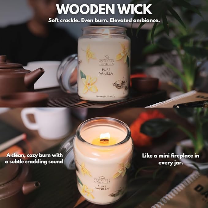 Vanilla Candle 22oz 16" x 9" Reusable Jar Candle 130 Hours Long Burn Time with Wooden Wick in Presentation Gift Box & Protective Shipper Spotless Leopard