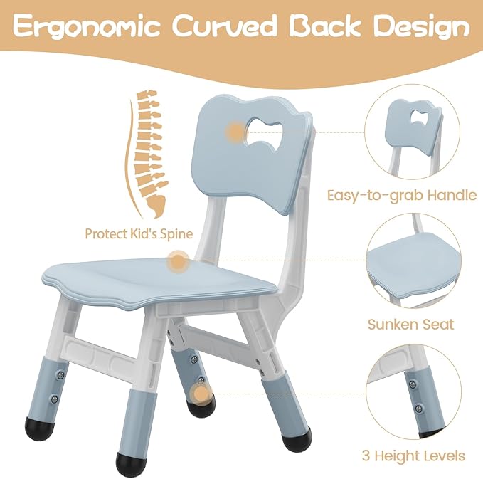 GAOMON Kids Chairs Set of 2, 3 Level Height Adjustable Kid Chair, Plastic Toddler Chairs for Children Boys Girls Age 2-6, Suitable for Home Family Classroom Nursery Indoor Use, Gray Blue