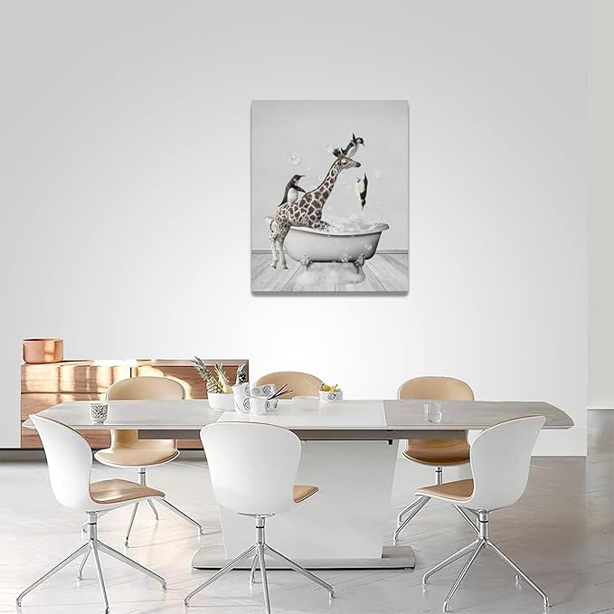 Funny Wall Art Giraffe and Penguin Bathroom Pictures for Kids - Animals in Bathtub Canvas Prints Artwork - Home Decorations for Bathroom, Bedroom, Toilet - Framed